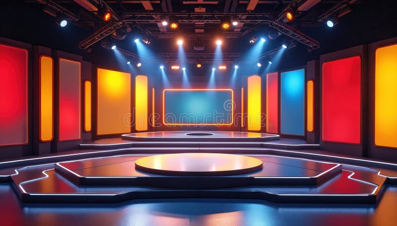 Dramatic TV studio stage with spotlights and production setup